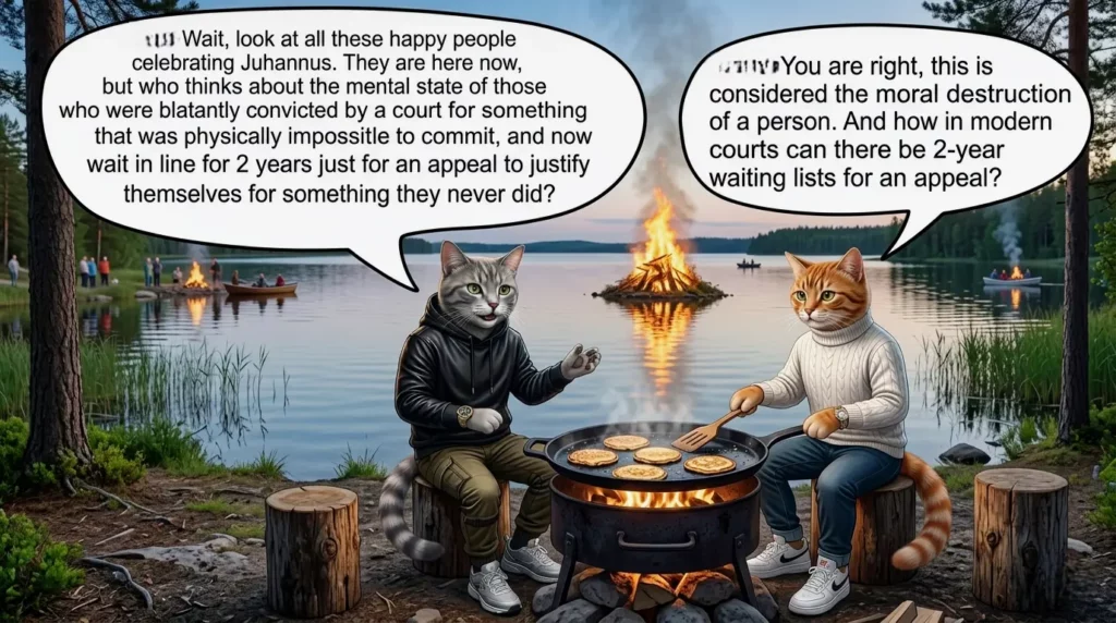 Two anthropomorphic cats in a hoodie and sweater discussing a false conviction and the 2-year court appeal backlog during Finnish Juhannus on a lake shore.