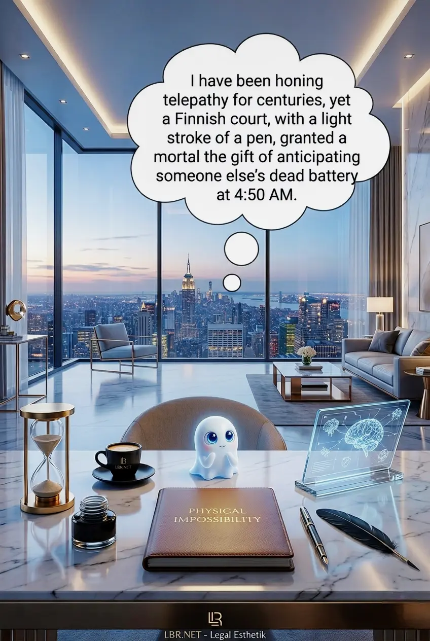 A small, cute ghost sitting at a luxurious desk in a penthouse, contemplating the absurdity of the Finnish court's verdict in Case R 706 regarding a "dead battery" theory.