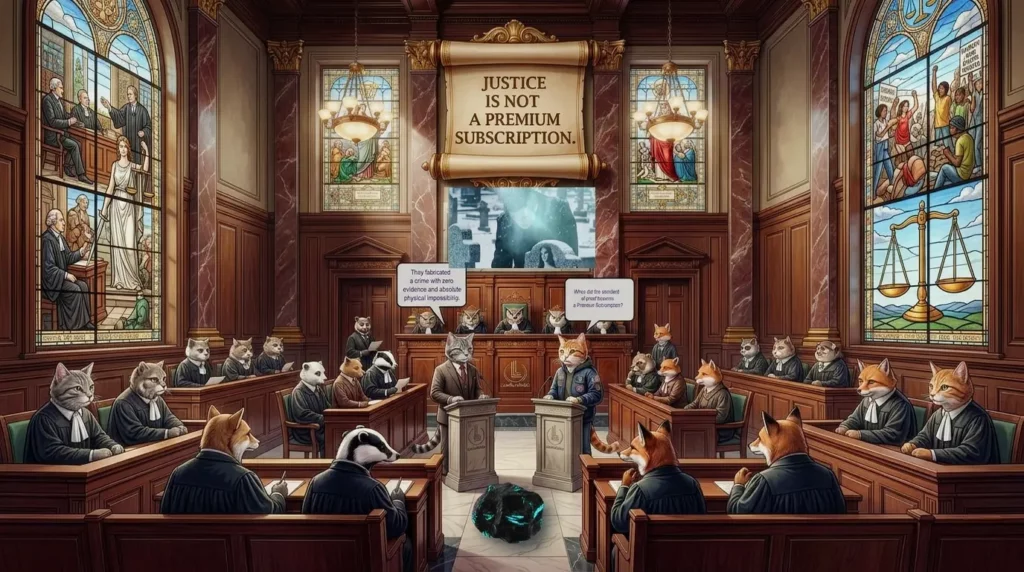 Specialized legal analysis featured image in 16:9 aspect ratio. A grand, ornate, wood-paneled courtroom filled with animal advocates (cats, foxes, badgers) and owl judges. A large ancient scroll hanging centrally reads: "JUSTICE IS NOT A PREMIUM SUBSCRIPTION." An inset cemetery video screen is present, and a glowing, cyan-blue 'truth stone' artifact rests on the floor. Text in speech bubbles discusses standard of proof and fabricated crime with physical impossibility for case R 706/2025/5226.