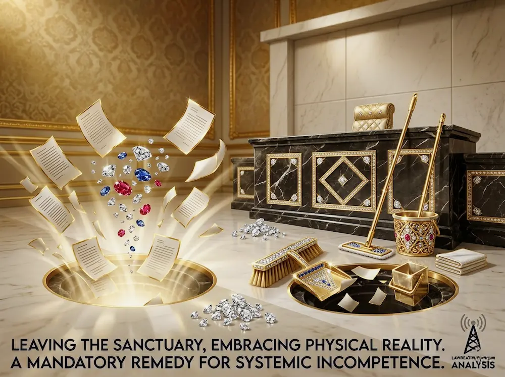 Luxury cleaning tools and scattered legal documents reflecting judicial incompetence in Case R 706/2025/5226.