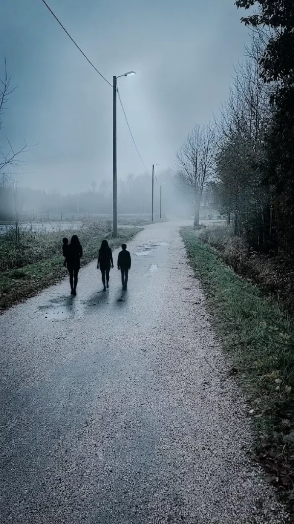 A cold noir conceptual image for Law Beat Radio showing three dark silhouettes—two women, one carrying a child—walking away down a desolate gravel path under a weak, mist-shrouded streetlamp. This image visually represents the "Shelter Contradiction," where police officially documented the Defendant's home as a safe zone on the night of the incident, conflicting with subsequent charges.