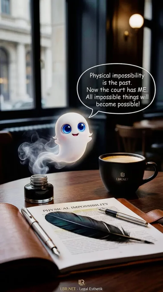 A cute spirit illustration representing judicial absurdity, mocking the legal claim of physical impossibility in case R 706/2025/5226