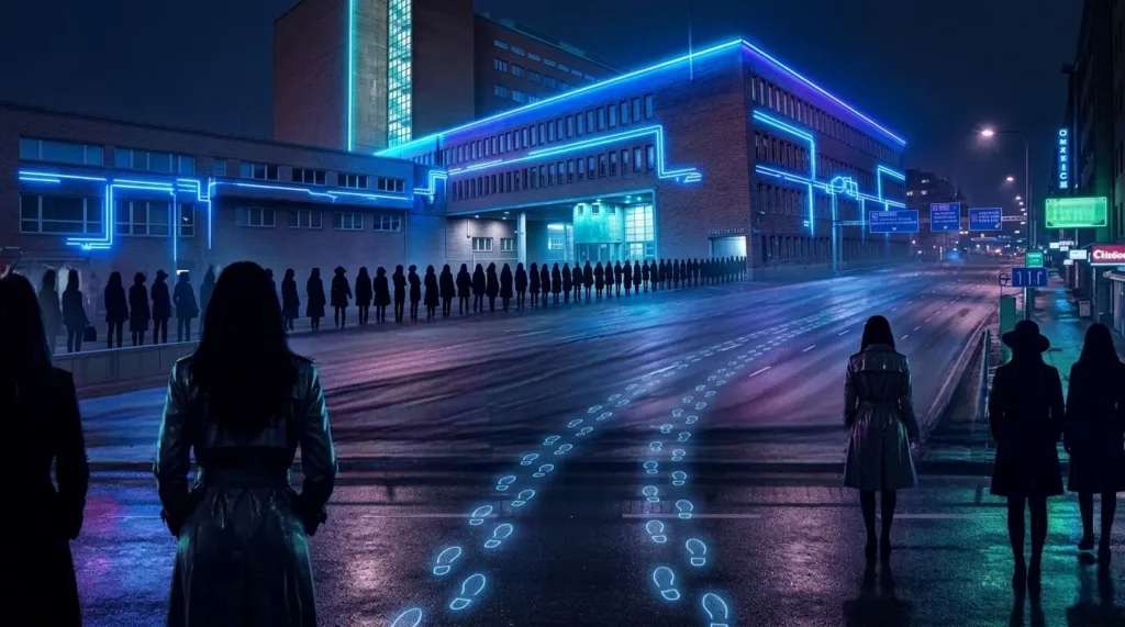 A queue of silhouette figures representing long-term appellate court delays in Finland, standing before the Helsinki Court of Appeal building at night, illuminated by blue neon lighting