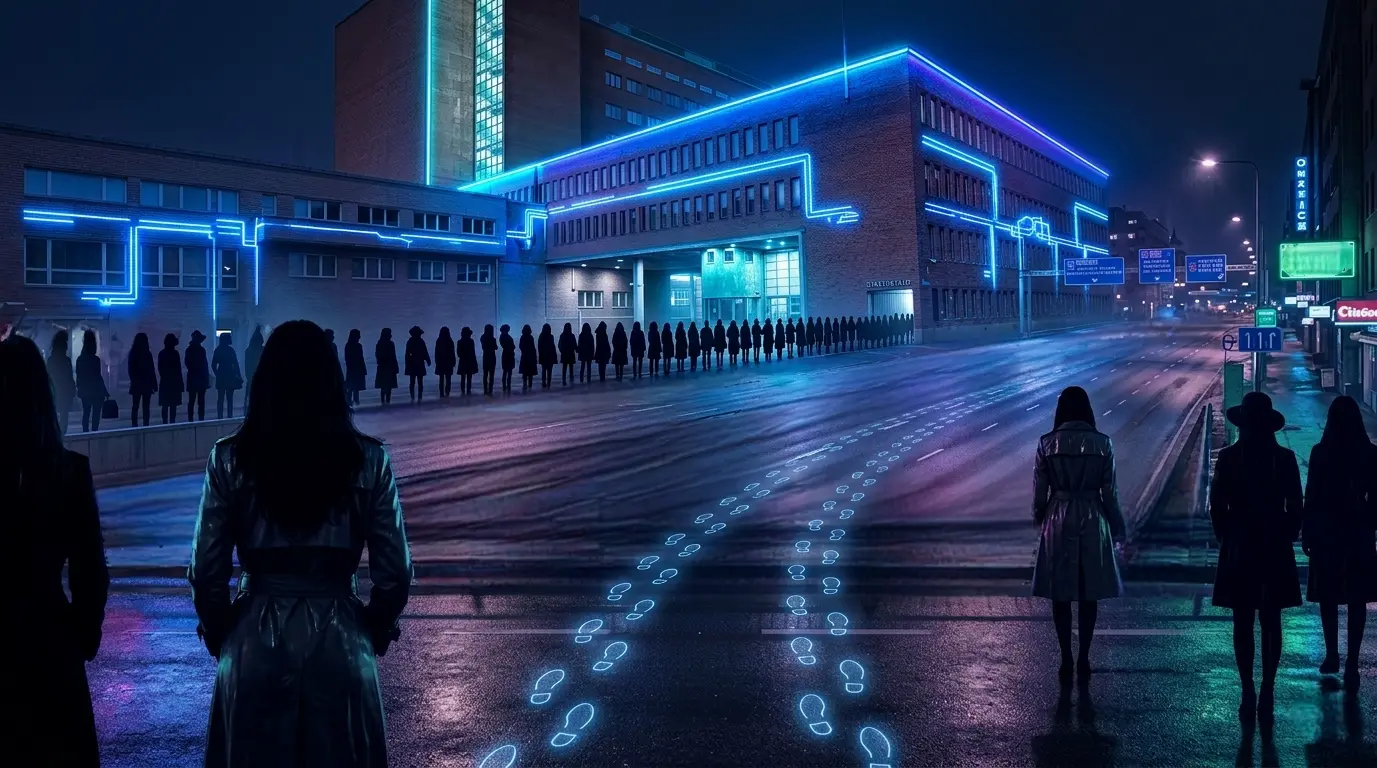 A queue of silhouette figures representing long-term appellate court delays in Finland, standing before the Helsinki Court of Appeal building at night, illuminated by blue neon lighting