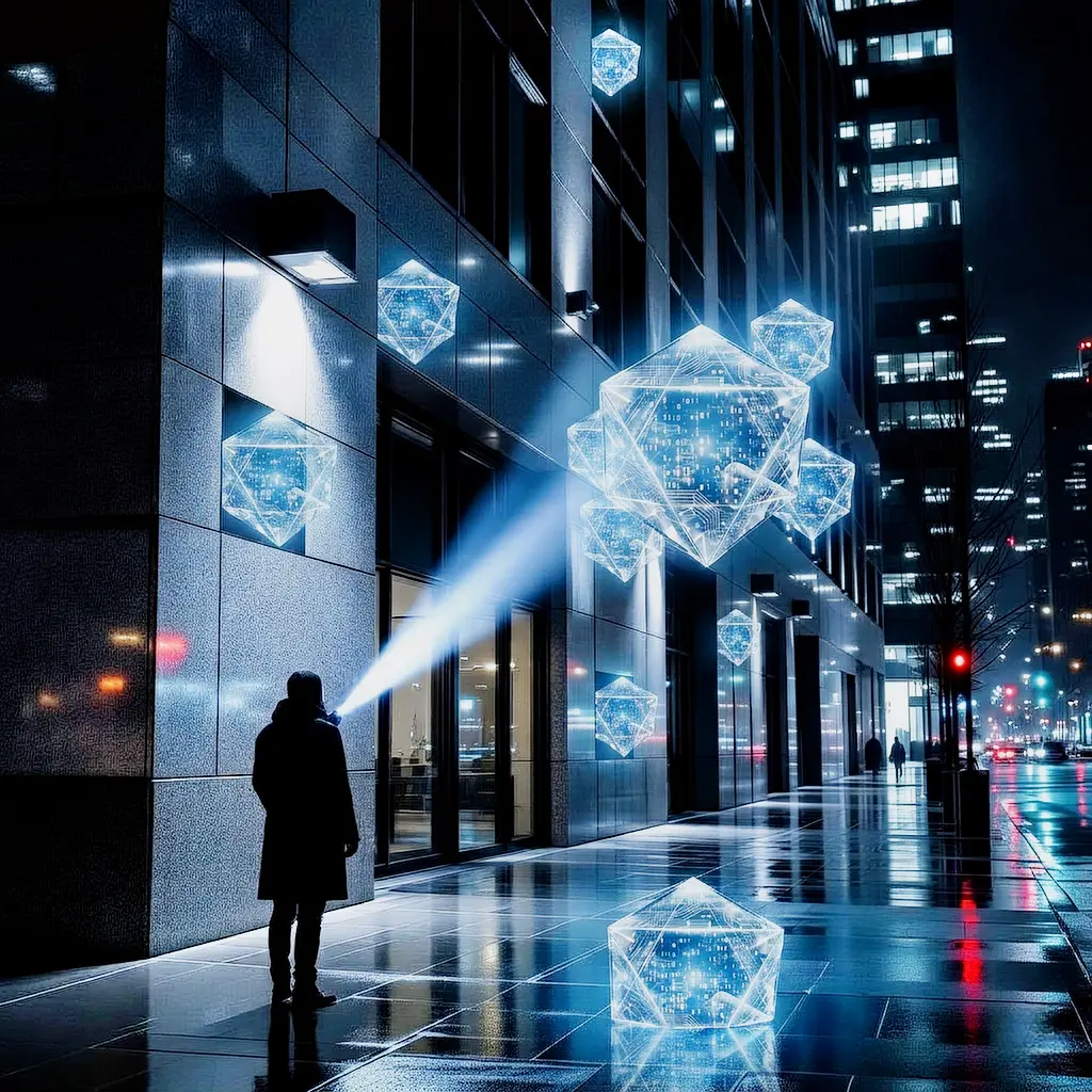 "A digital analyst shining a light on floating data crystals representing evidence inconsistencies in the Finnish legal case R 706/2025/5226, illustrating the investigation of procedural fabrications."