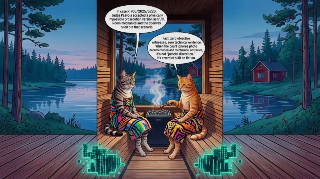 Legal analysis comic style featured image for case R 706/2025/5226 showing two cats in a Finnish sauna by a lake discussing physical impossibility, reliability of evidence, and standard of proof regarding Judge Paavola verdict fiction.