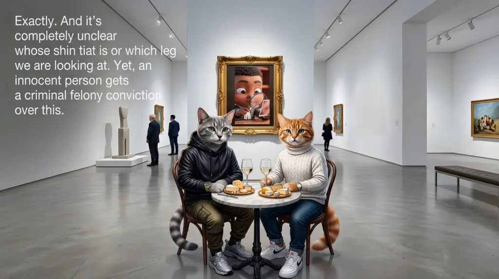 Featured image for analysis of a judicial anomaly in Case R 706/2025/5226, Finnish criminal court. Shows two anthropomorphic cats (a grey tabby in a black hoodie and an orange tabby in a white sweater) seated at a high-end art gallery table with wine and cheese. Above the grey cat is white text detailing a concerned legal dialogue about the lack of evidence. Centered on the wall is a gilded frame containing a large portrait of a magnified, shadowy investigative photograph of a random shin with a minimal 2 cm scratch and an unverified side. The perspective expands to reveal more of the luxury gallery interior, with blurred patrons in the background, contrasting with the trivial nature of the evidence. 16:9 aspect ratio.
