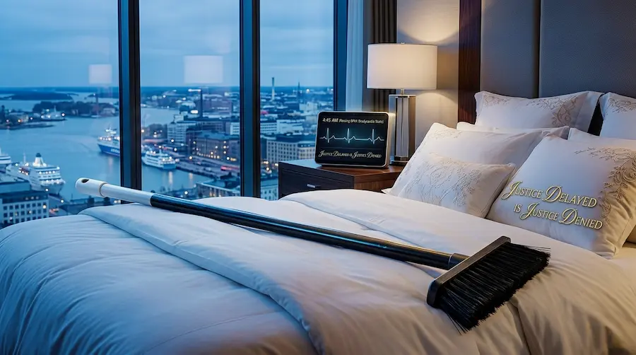 A modern street broom (katuharja) with a long black and white handle placed on a luxury bed in a penthouse bedroom overlooking the city. Visualizing the physical impossibility of the 04:45 AM ambush narrative in Finland Court Case R 706/2025/5226.