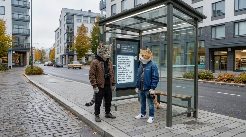 Case R 706/2025/5226: Analytical cats examining physical evidence and court statements at a Helsinki bus stop regarding Prosecutor Tomas Niemitalo and Judge Inga-Liisa Paavola's decision.