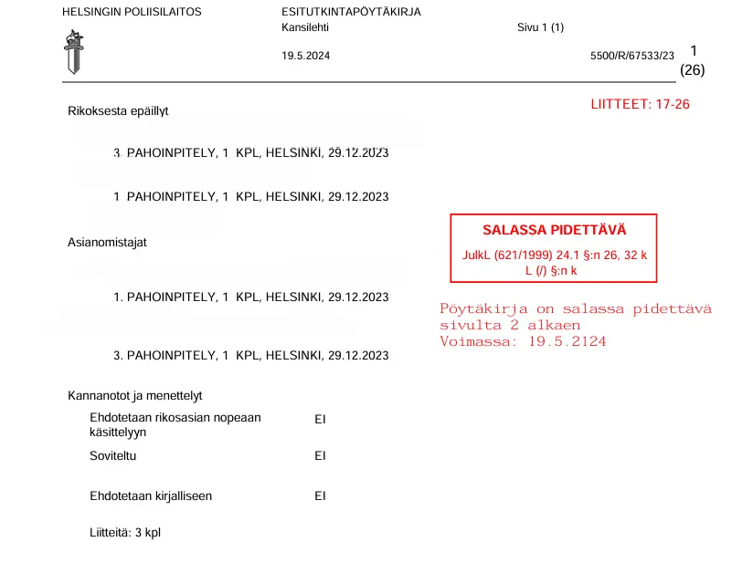 Police investigation cover page (5500/R/67533/23) showing 100-year secrecy classification; now registered as case R 706/2025/5226.
