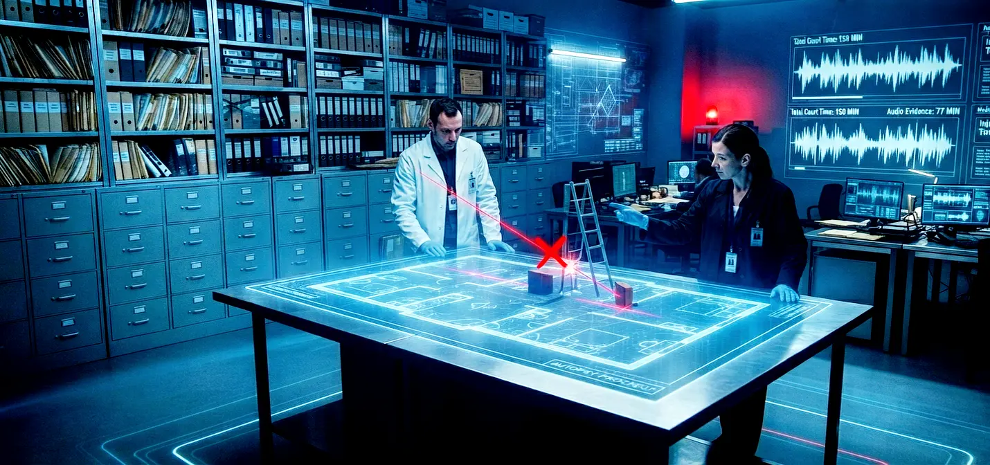 Hyper-realistic cinematic view of an independent forensic investigation facility where analysts examine a holographic crime scene blueprint. Red laser lines on the hologram demonstrate the physical impossibility of the prosecution's narrative, proving a ladder could not have struck the complainant's leg. Background monitors display data graphs confirming the discrepancy between the recorded court proceedings and the actual audio evidence, alongside medical reports of only superficial scratches. This image visualizes a judicial evidence audit.