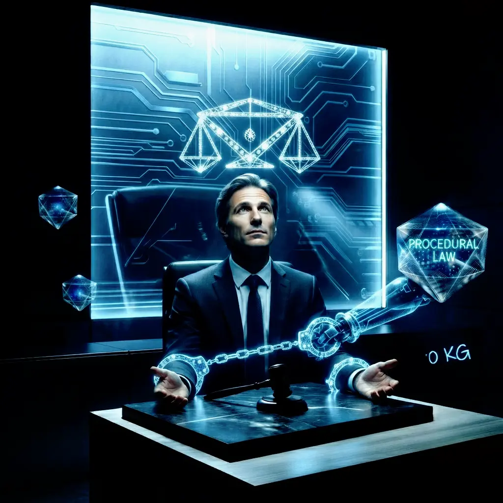 The Courtroom Ambush: illustration of the naivety trap in a rigged court: a calm defendant in a suit sits with open palms waiting for justice, adorned with a glowing diamond scales-of-justice halo, while a robotic arm cuffs his wrists with cybernetic chains linked to a "PROCEDURAL LAW" data cube.