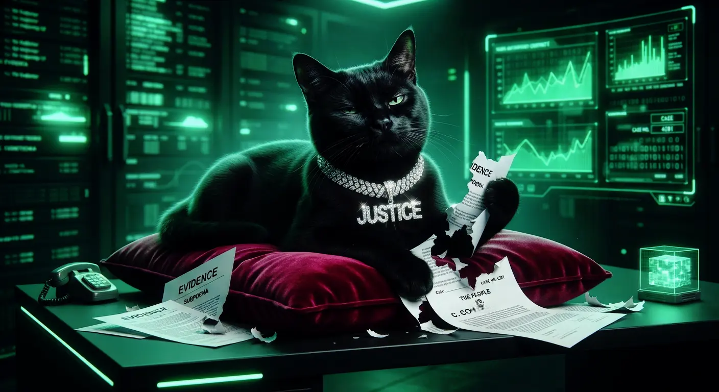 The Feline Alibi: the luxurious black cat wearing the "JUSTICE" diamond collar, lazily resting on a rich velvet pillow while tearing up legal documents amidst a glowing green neon high-tech office.