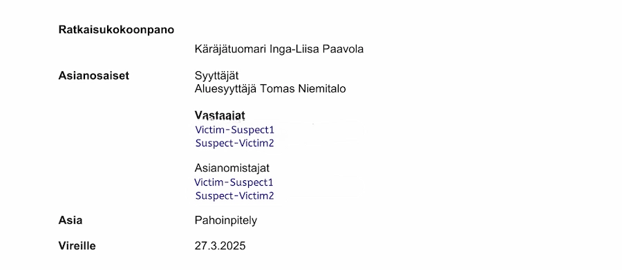 Official document page 2 of the Helsinki District Court verdict (Tuomio nro 1037 6624) in case R-706/2025/5226, detailing the legal proceedings and claims.