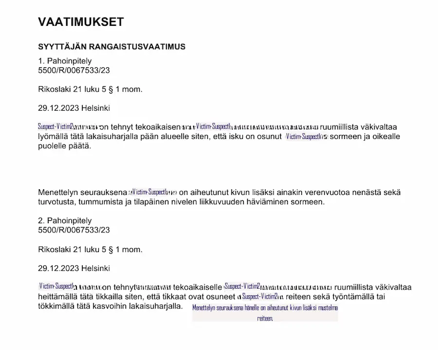 Official document page 3 of the Helsinki District Court verdict (Tuomio nro 1037 6624) in case R-706/2025/5226, detailing the legal proceedings and claims.
