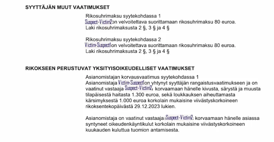 Official document page 4 of the Helsinki District Court verdict (Tuomio nro 1037 6624) in case R-706/2025/5226, detailing the legal proceedings and claims.