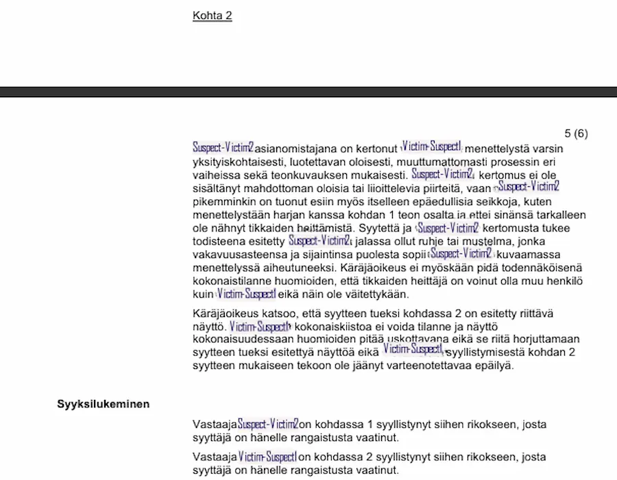 Official document page 9 of the Helsinki District Court verdict (Tuomio nro 1037 6624) in case R-706/2025/5226, detailing the legal proceedings and claims.