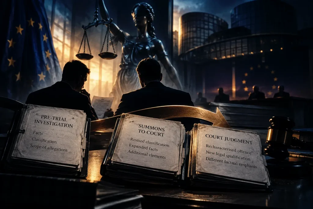 A courtroom scene illustrating the right to prepare a defence, with Lady Justice, European symbols, and legal documents showing the progression from pre-trial investigation to court judgment.